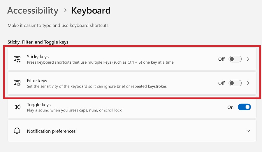 Show Accessibility > Keyboard (Windows 11) or Ease of Access > Keyboard (Windows 10) settings.